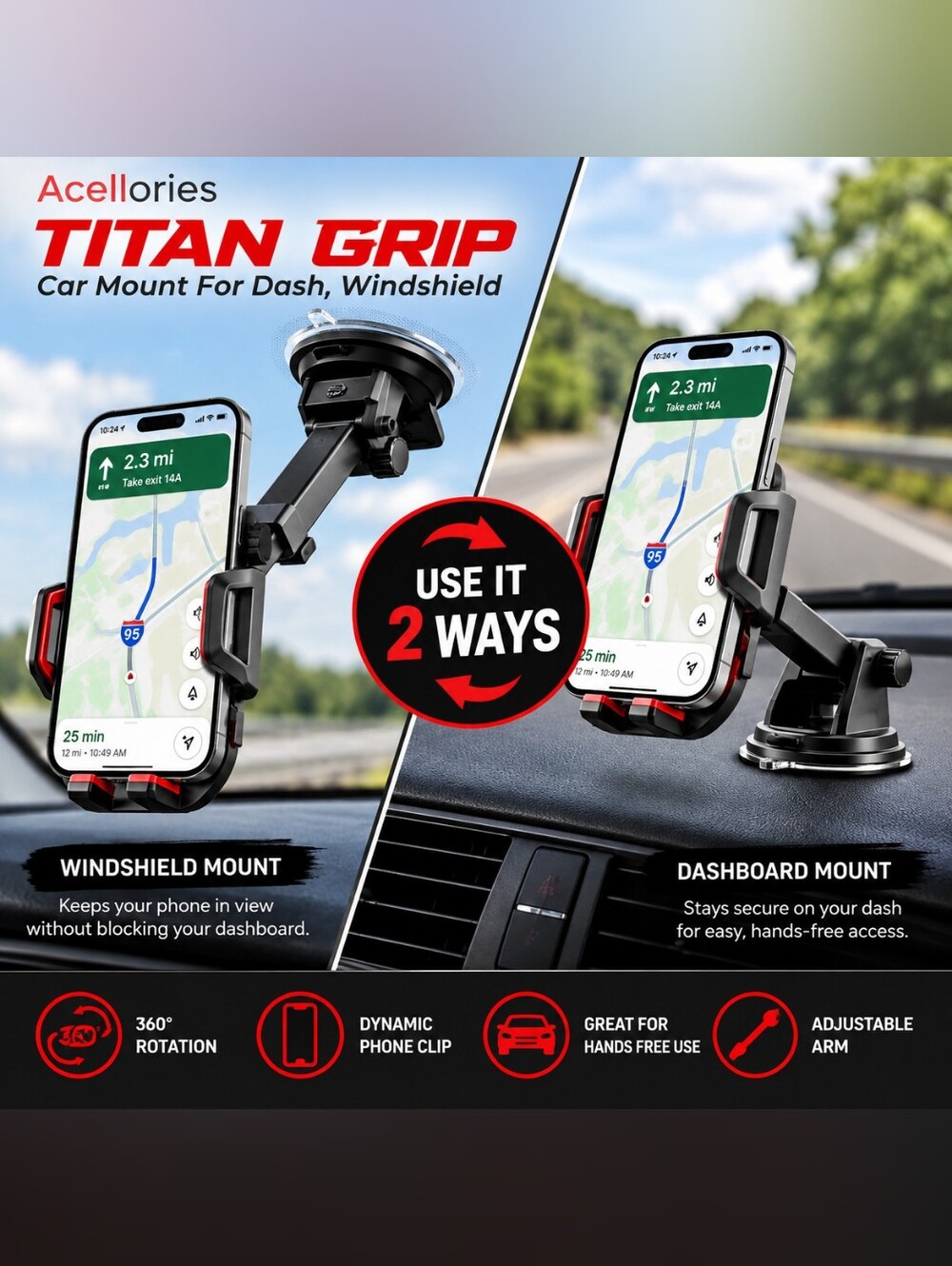Universal Black & Red Dashboard/Windshield Phone Mount - Secure Grip